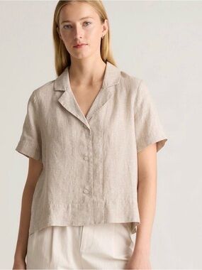 Quince 100% European linen short sleeve button front shirt women's size S